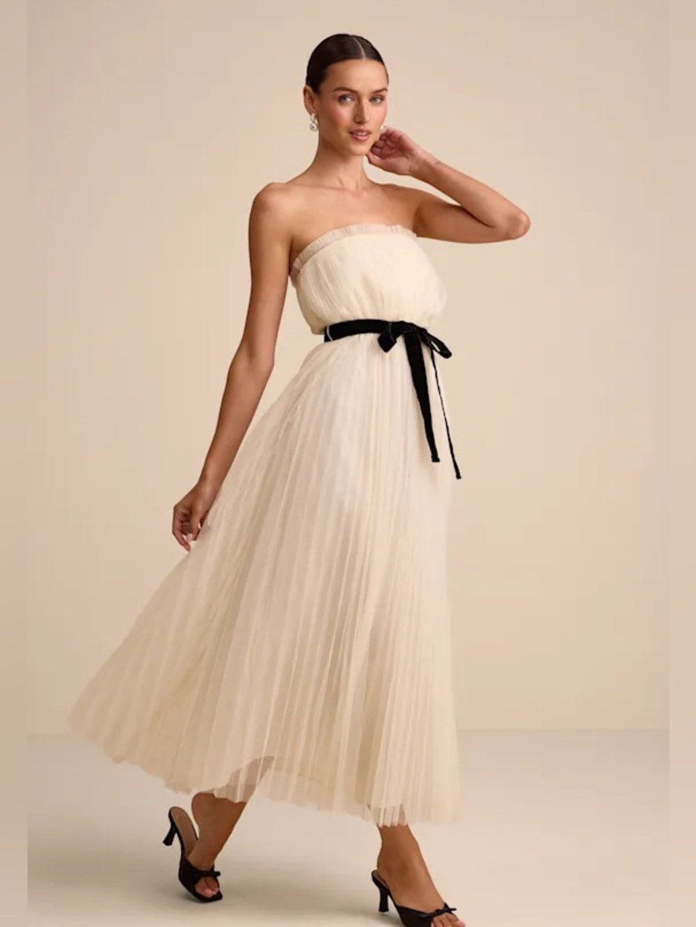 Strapless Pleated Cream Tulle Dress with Black Velvet Tie